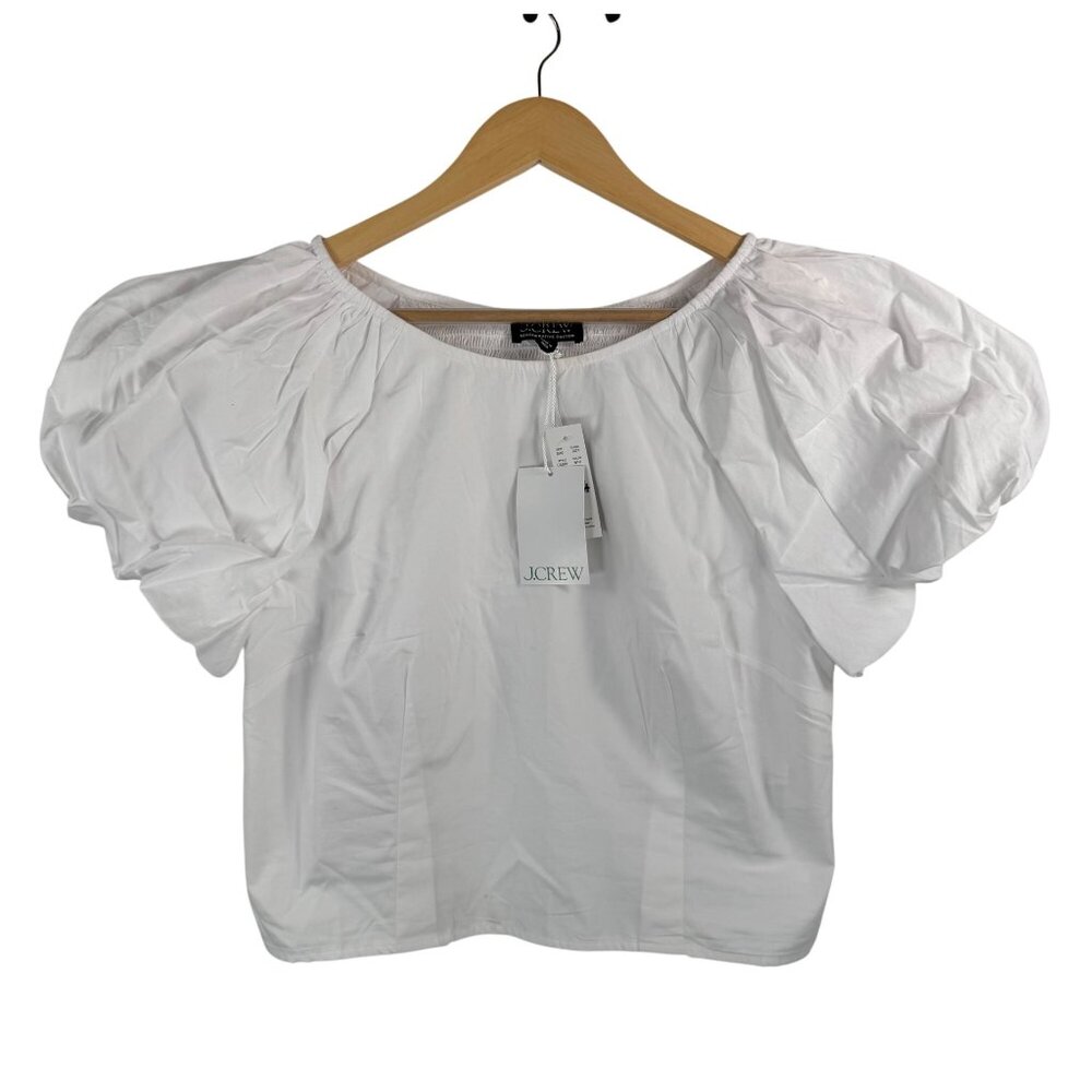 J.Crew‎ Fitted puff-sleeve top smocked preppy minimalist white sz 12